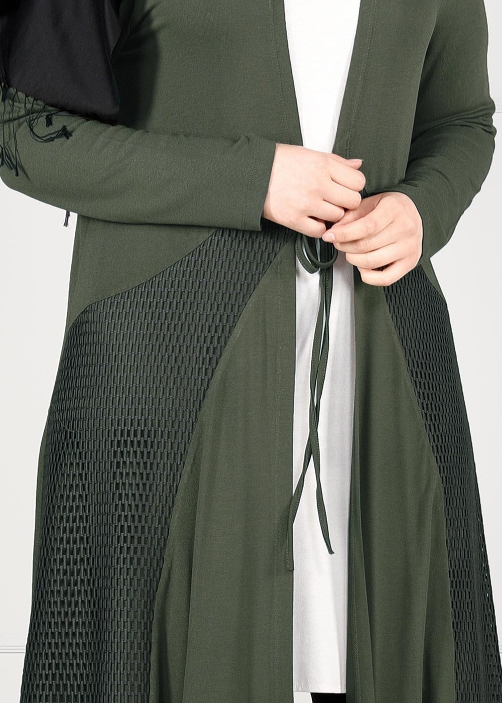 Hijab clothing KHAKI TIE-FRONT FISHNET CARDIGAN 2628
