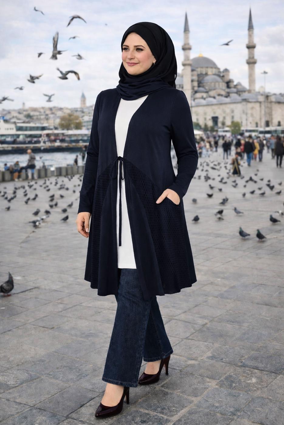 Tesettür giyim LACİVERT BELDEN BAĞCIKLI FİLE DETAYLI ÖRME HIRKA T 2628