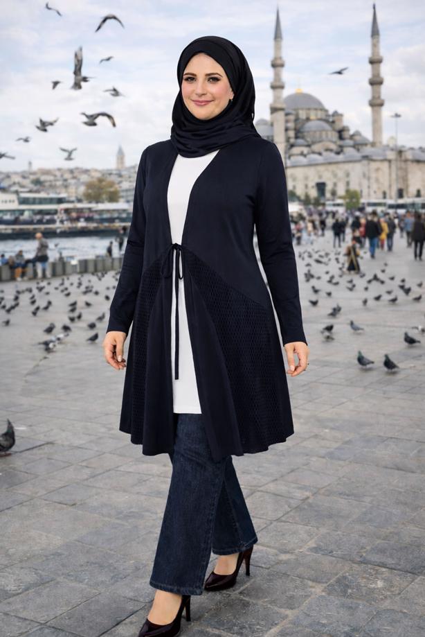 Vêtements hijab BLEU MARINE CARDIGAN DÉTAILLÉ À NOUER T 2628 - TRENDTESETTÜR