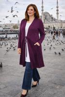 Tesettür giyim MOR BELDEN BAĞCIKLI FİLE DETAYLI ÖRME HIRKA T 2628