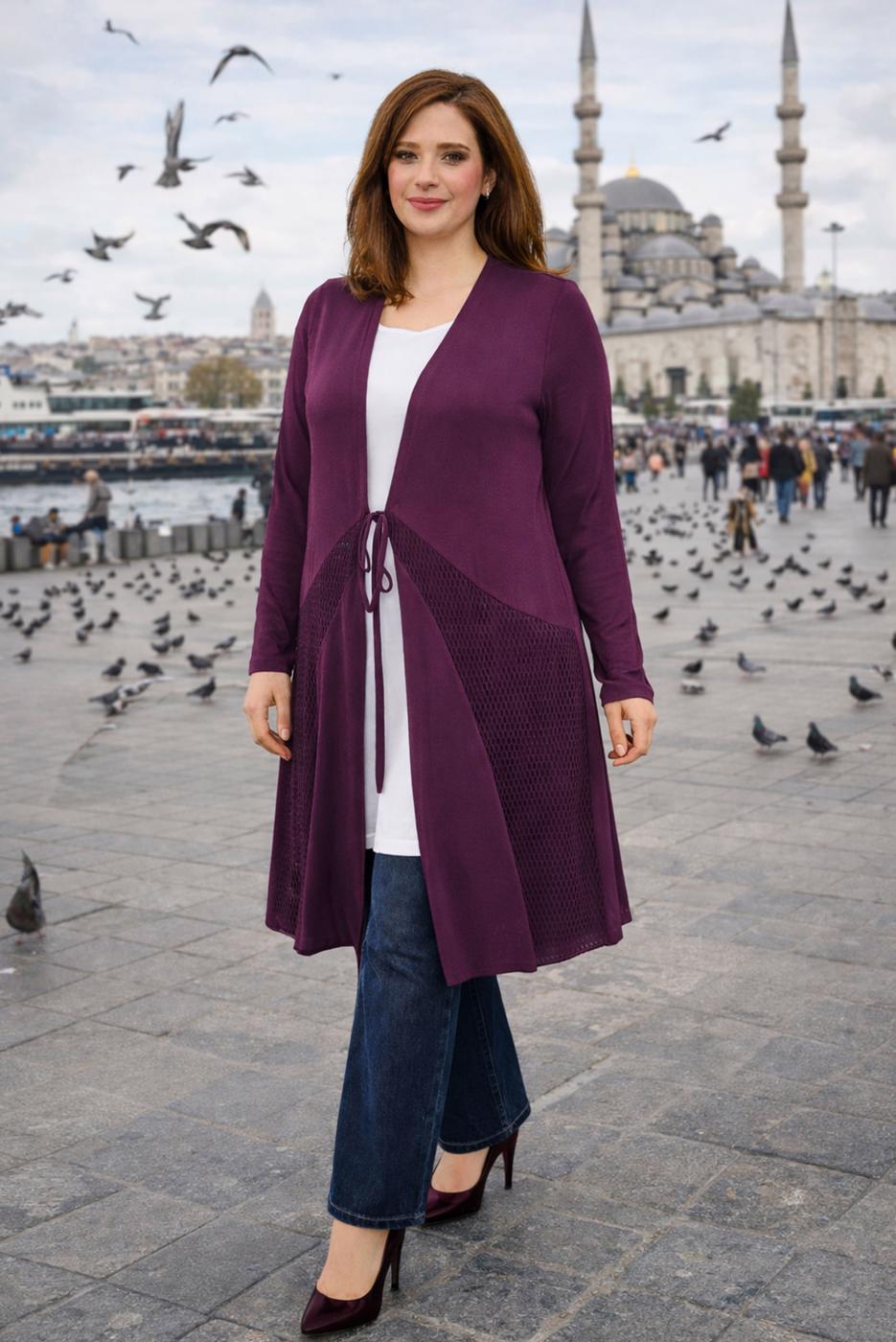 Tesettür giyim MOR BELDEN BAĞCIKLI FİLE DETAYLI ÖRME HIRKA T 2628