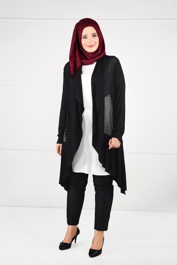 Vêtements hijab NOIR VESTE TRICOT EN RÉSILLE 2629 - TRENDTESETTÜR