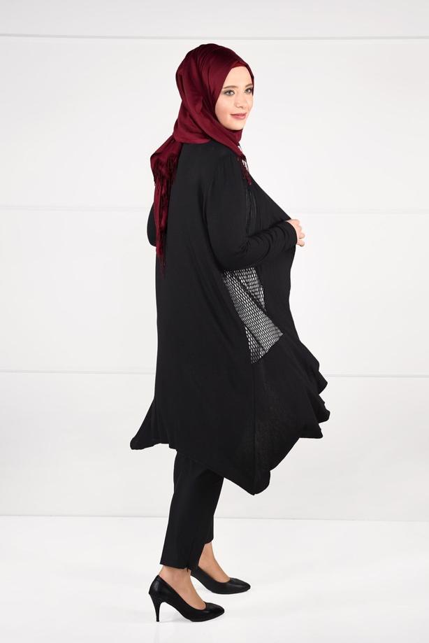 Tesettür giyim SİYAH OVAL KESİM FİLE DETAYLI ÖRME CEKET 2629  - TRENDTESETTÜR