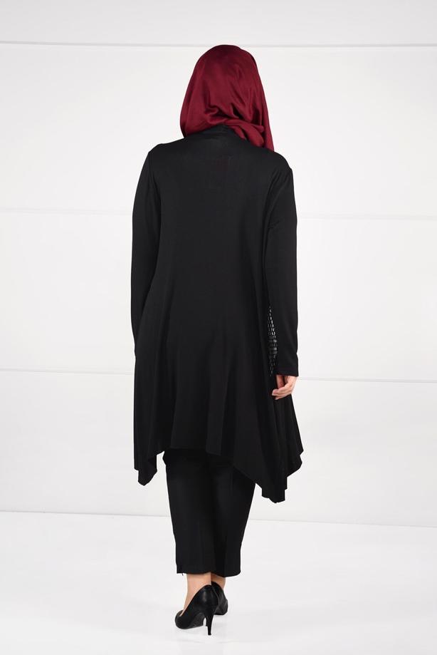 Tesettür giyim SİYAH OVAL KESİM FİLE DETAYLI ÖRME CEKET 2629  - TRENDTESETTÜR