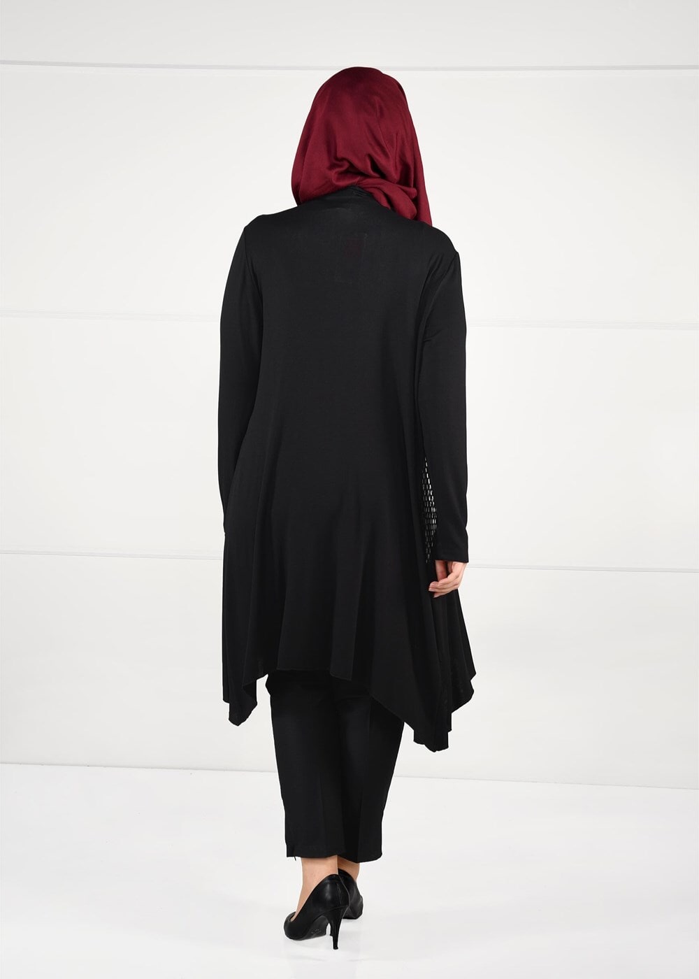 Tesettür giyim SİYAH OVAL KESİM FİLE DETAYLI ÖRME CEKET 2629 