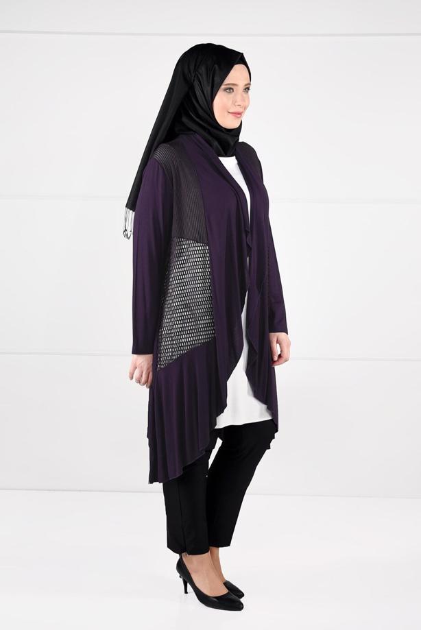 Tesettür giyim MOR OVAL KESİM FİLE DETAYLI ÖRME CEKET 2629  - TRENDTESETTÜR