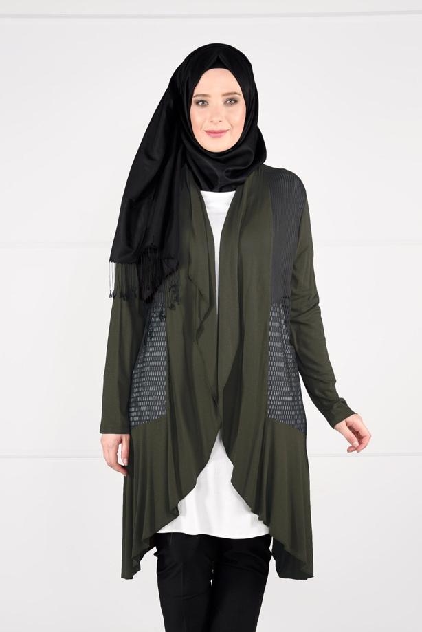 Tesettür giyim HAKİ OVAL KESİM FİLE DETAYLI ÖRME CEKET 2629  - TRENDTESETTÜR