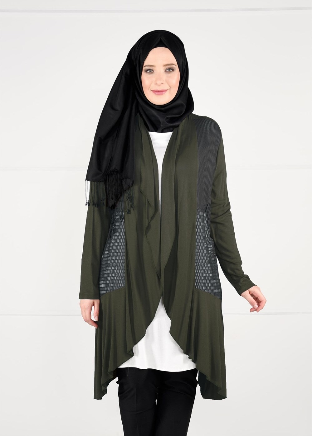 Vêtements hijab KAKI VESTE TRICOT EN RÉSILLE 2629