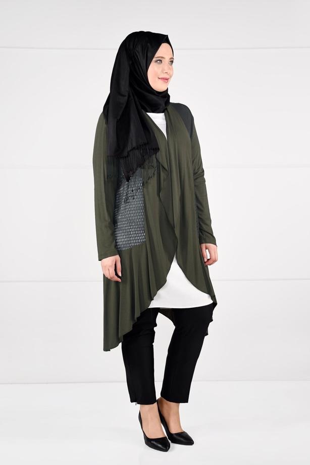 Tesettür giyim HAKİ OVAL KESİM FİLE DETAYLI ÖRME CEKET 2629  - TRENDTESETTÜR