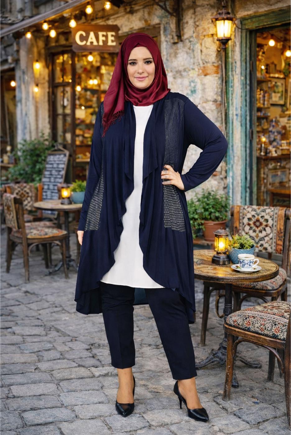 Tesettür giyim LACİVERT OVAL KESİM FİLE DETAYLI ÖRME CEKET T 2629