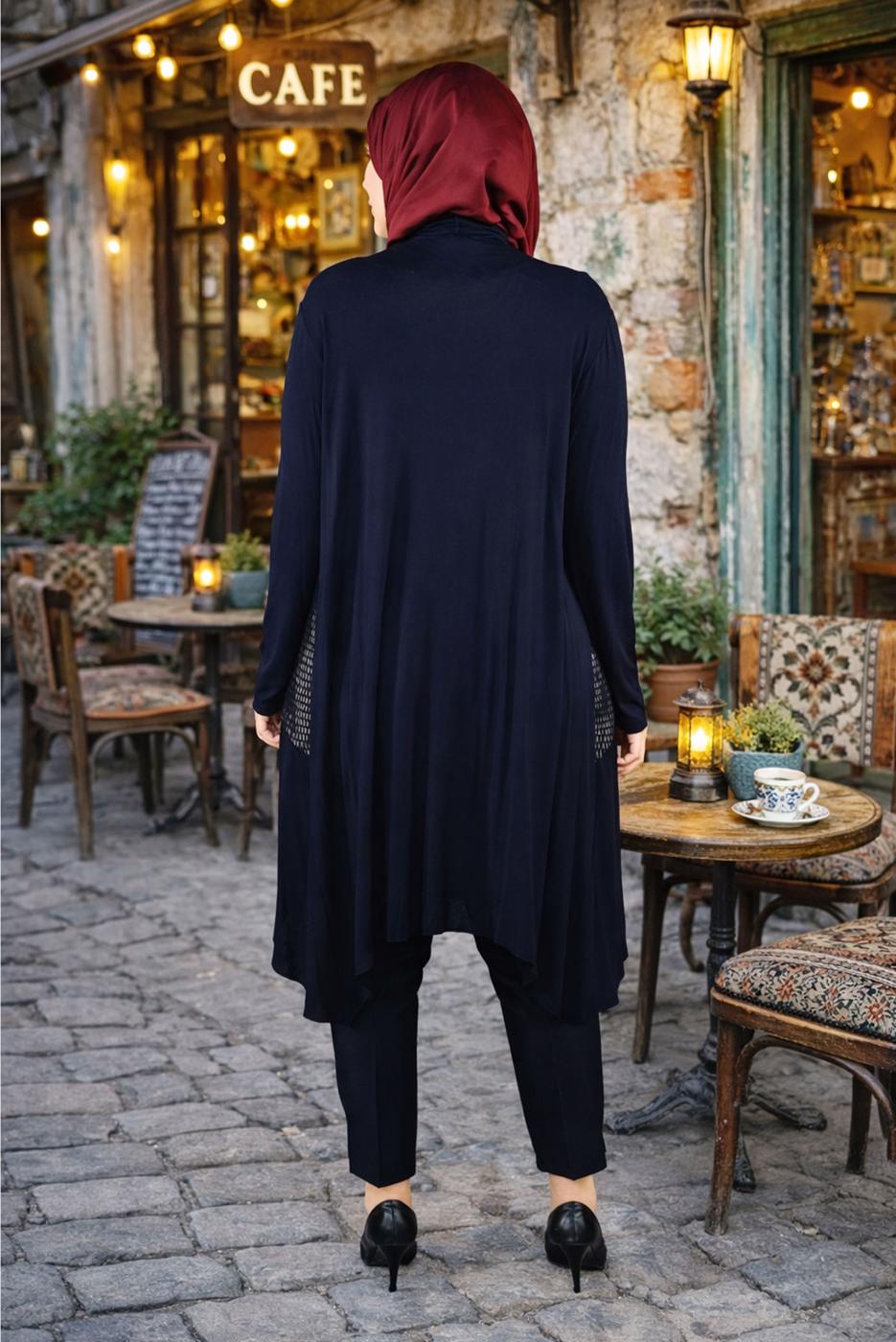 Tesettür giyim LACİVERT OVAL KESİM FİLE DETAYLI ÖRME CEKET T 2629