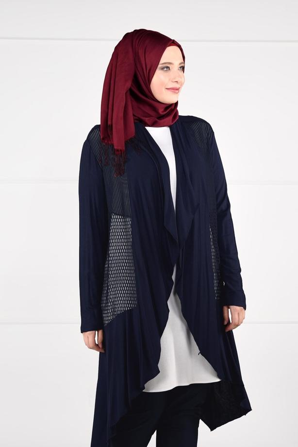 Tesettür giyim LACİVERT OVAL KESİM FİLE DETAYLI ÖRME CEKET 2629  - TRENDTESETTÜR