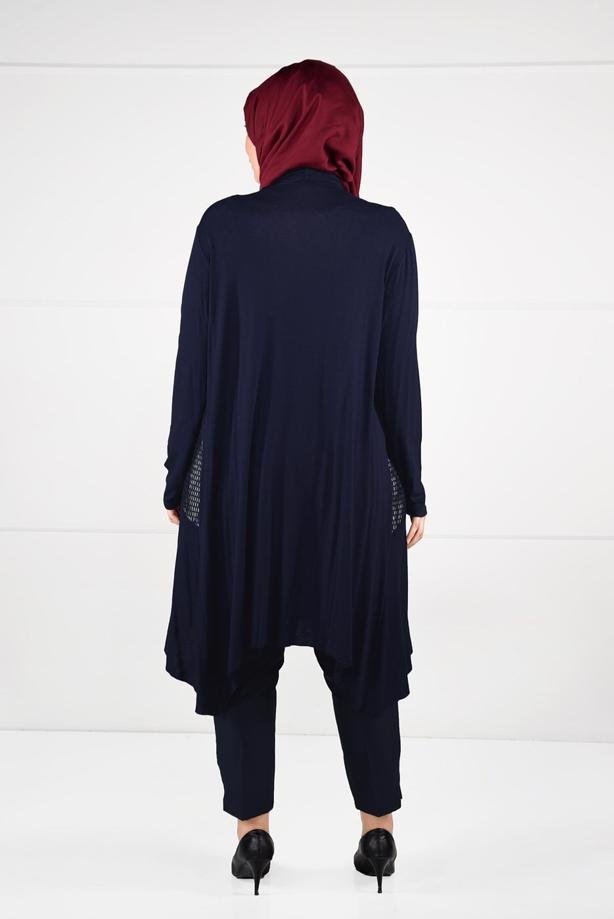 Tesettür giyim LACİVERT OVAL KESİM FİLE DETAYLI ÖRME CEKET 2629  - TRENDTESETTÜR