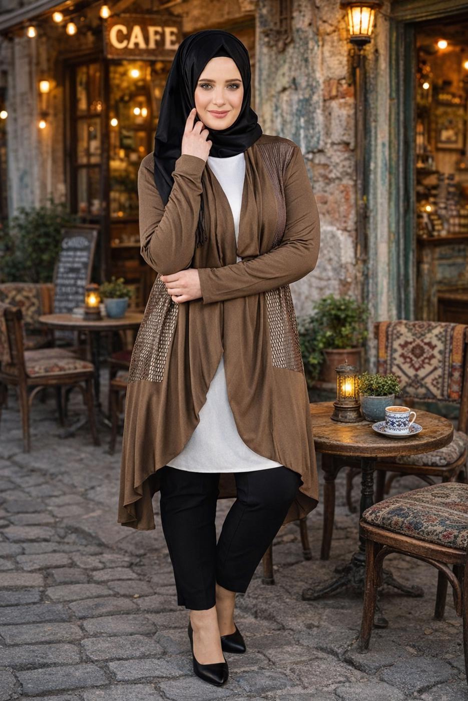 Tesettür giyim TABA OVAL KESİM FİLE DETAYLI ÖRME CEKET T 2629