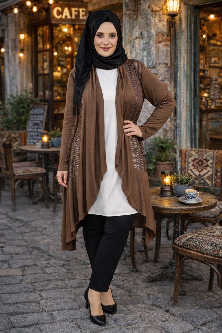 Tesettür giyim TABA OVAL KESİM FİLE DETAYLI ÖRME CEKET T 2629