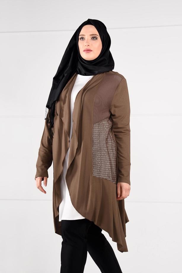 Tesettür giyim TABA OVAL KESİM FİLE DETAYLI ÖRME CEKET 2629  - TRENDTESETTÜR