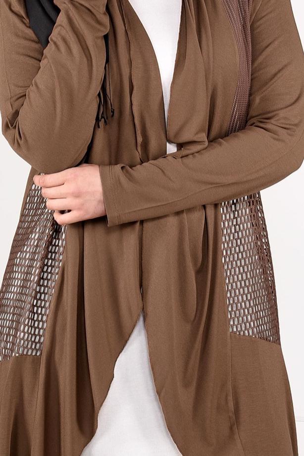 Tesettür giyim TABA OVAL KESİM FİLE DETAYLI ÖRME CEKET 2629  - TRENDTESETTÜR