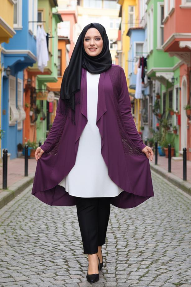 Vêtements hijab POURPRE VESTE DÉTAILLÉE EN RÉSILLE T 2629 - TRENDTESETTÜR