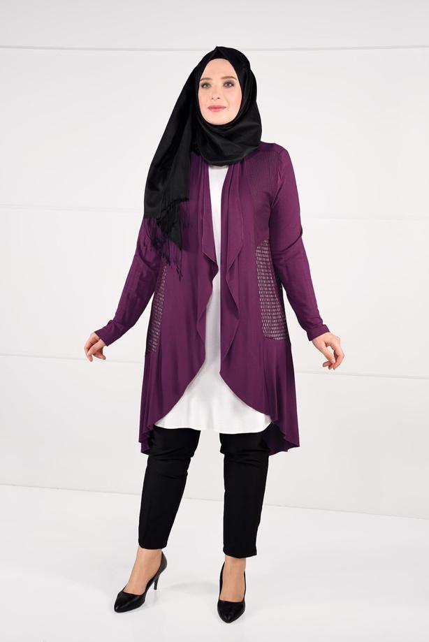 Tesettür giyim MOR OVAL KESİM FİLE DETAYLI ÖRME CEKET 2629  - TRENDTESETTÜR