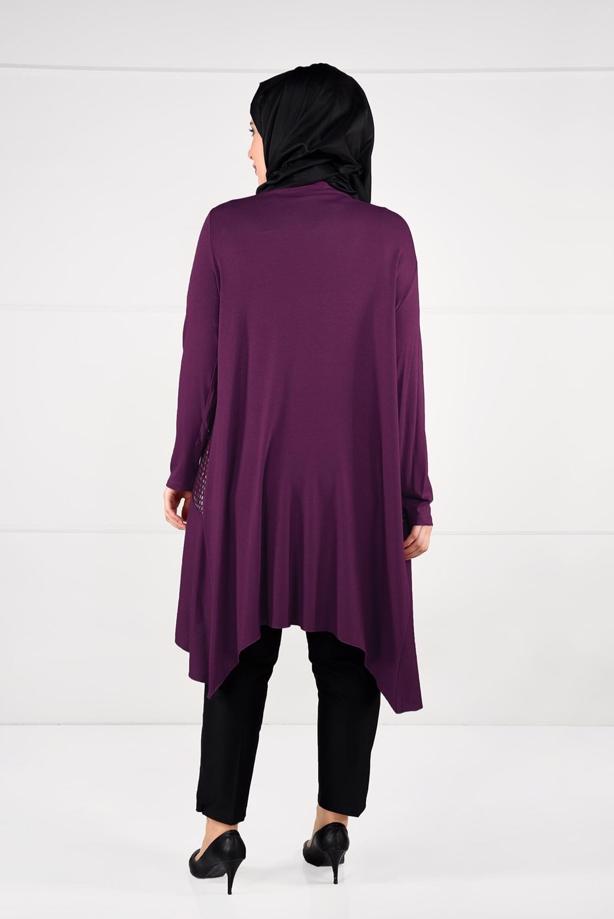 Tesettür giyim MOR OVAL KESİM FİLE DETAYLI ÖRME CEKET 2629  - TRENDTESETTÜR