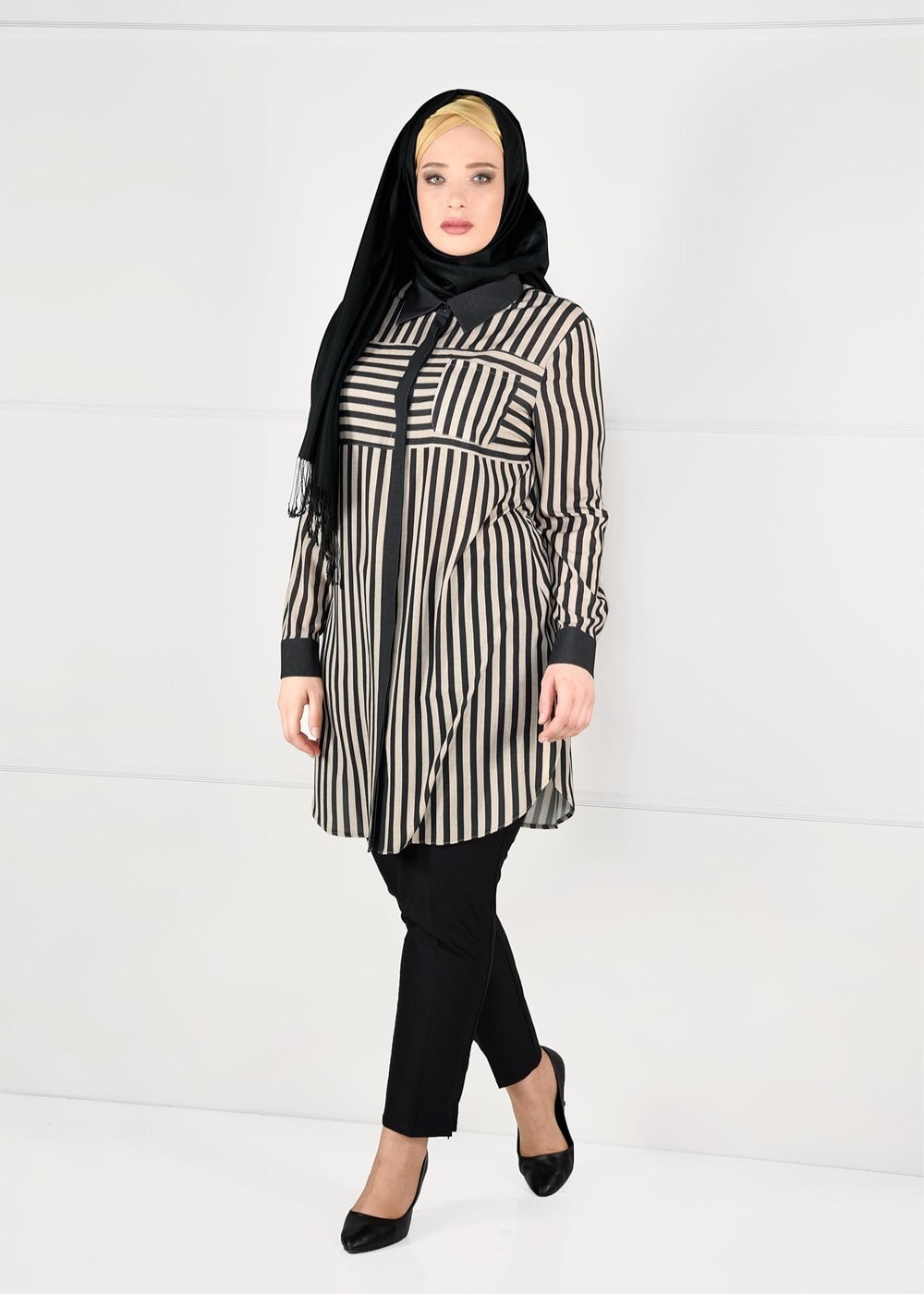 Tesettür giyim GRİ ÇİZGİLİ CEP DETAYLI TUNİK 2630 