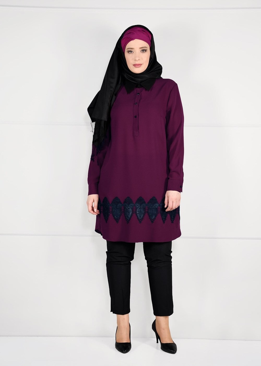 Tesettür giyim FUŞYA GÜPÜR DETAYLI KREP TUNİK 2633 