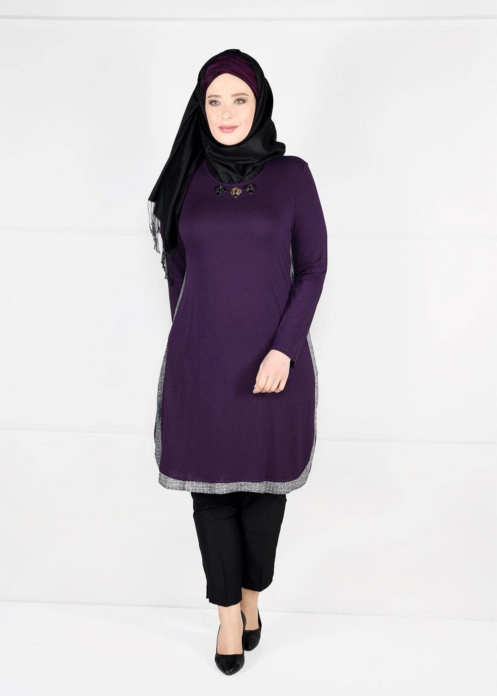 Tesettür giyim MOR YANLARI ŞERİTLİ PENYE TUNİK 2638