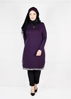 Tesettür giyim MOR YANLARI ŞERİTLİ PENYE TUNİK 2638