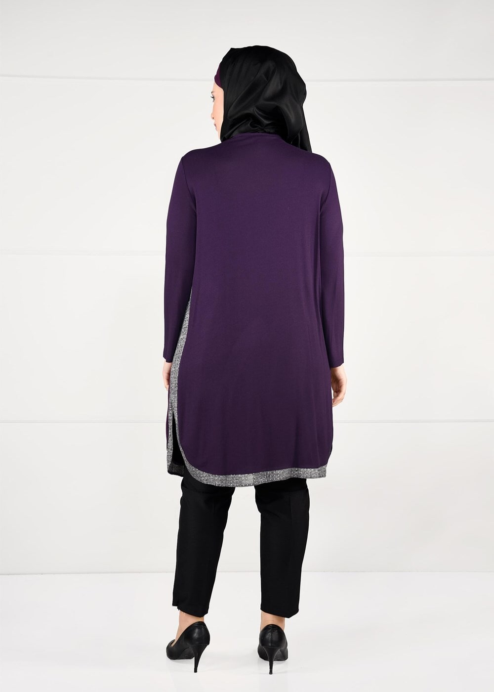 Tesettür giyim MOR YANLARI ŞERİTLİ PENYE TUNİK 2638