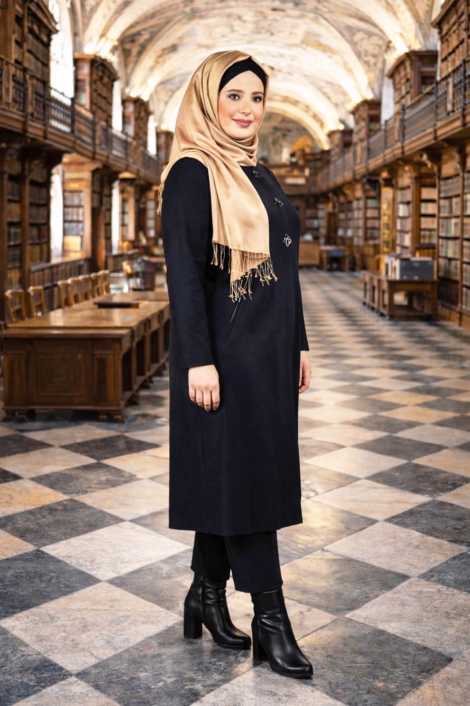 Tesettür giyim LACİVERT METAL BROŞ DETAYLI CEPLİ TUNİK 2650 