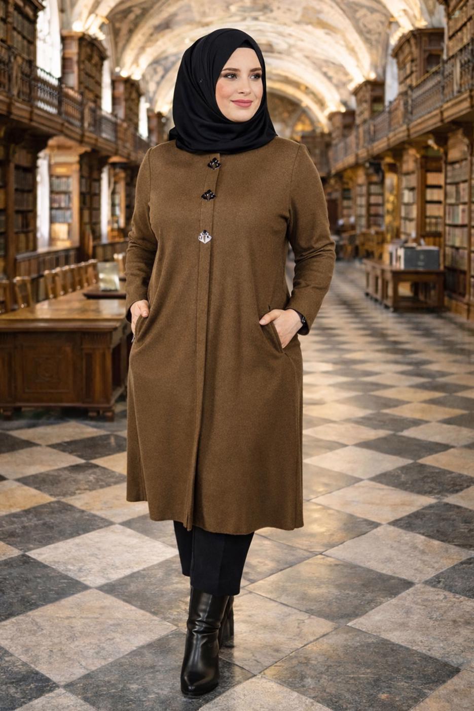 Tesettür giyim TURUNCU METAL BROŞ DETAYLI CEPLİ TUNİK 2650 