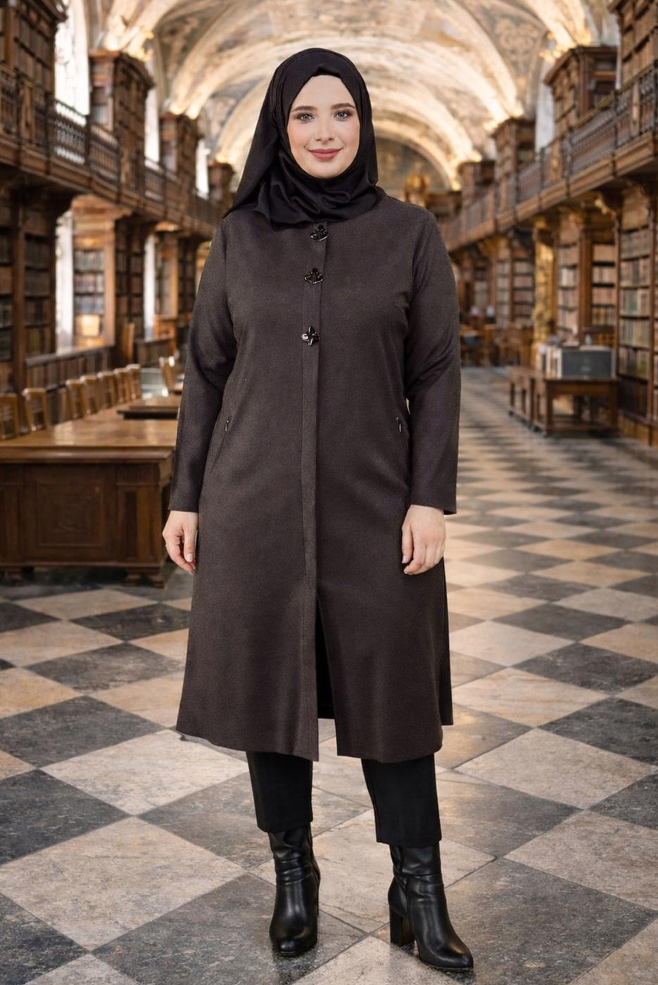 Tesettür giyim VİZON METAL BROŞ DETAYLI CEPLİ TUNİK 2650 