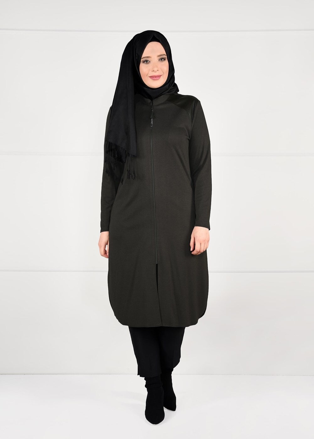 Tesettür giyim HAKİ HAKİM YAKA FERMUARLI ÖRME TUNİK 2651 