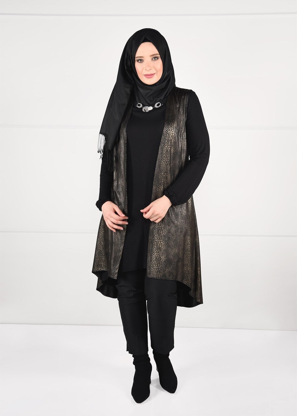 Tesettür giyim ALTIN ASİMETRİK KESİM 2Lİ YELEKLİ TUNİK TAKIM 2663 