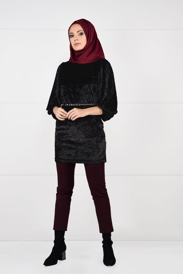 Tesettür giyim  KOLLARI PİLİSELİ KADİFE TUNİK 4098 - TRENDTESETTÜR