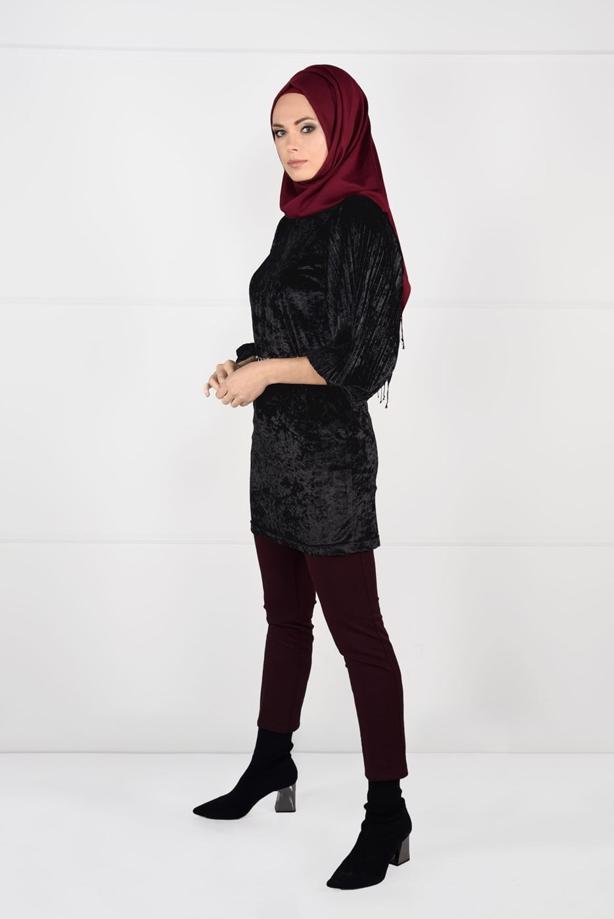 Tesettür giyim  KOLLARI PİLİSELİ KADİFE TUNİK 4098 - TRENDTESETTÜR