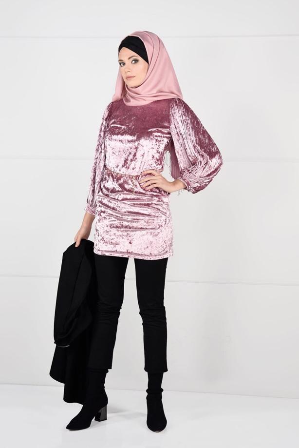Tesettür giyim  KOLLARI PİLİSELİ KADİFE TUNİK 4098 - TRENDTESETTÜR
