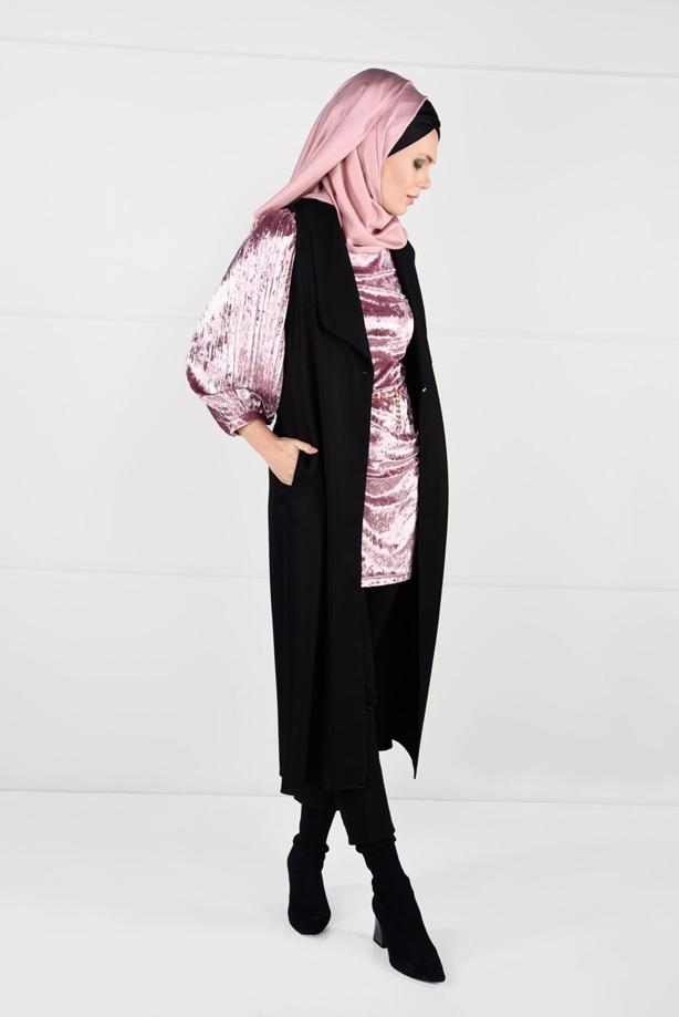Tesettür giyim  KOLLARI PİLİSELİ KADİFE TUNİK 4098 - TRENDTESETTÜR