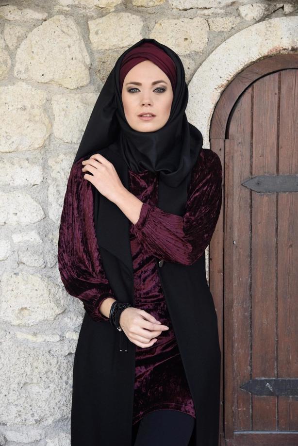 Tesettür giyim  KOLLARI PİLİSELİ KADİFE TUNİK 4098 - TRENDTESETTÜR