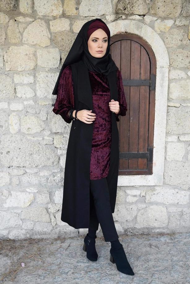 Tesettür giyim  KOLLARI PİLİSELİ KADİFE TUNİK 4098 - TRENDTESETTÜR