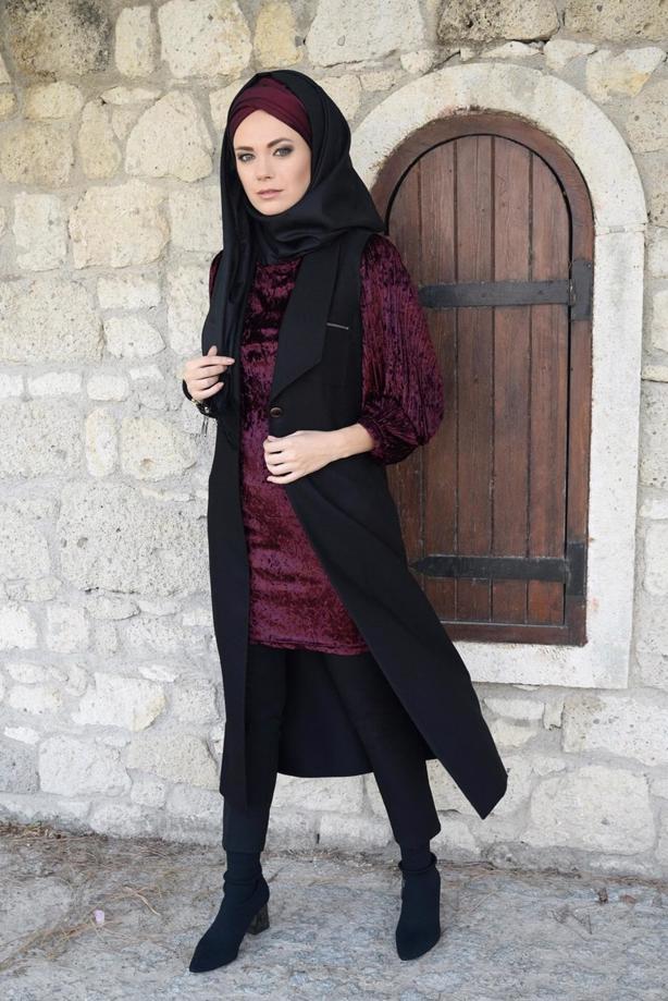 Tesettür giyim  KOLLARI PİLİSELİ KADİFE TUNİK 4098 - TRENDTESETTÜR