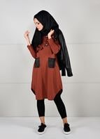 Tesettür giyim TURUNCU DERİ CEPLİ ÇİÇEK NAKIŞLI TUNİK 4151 
