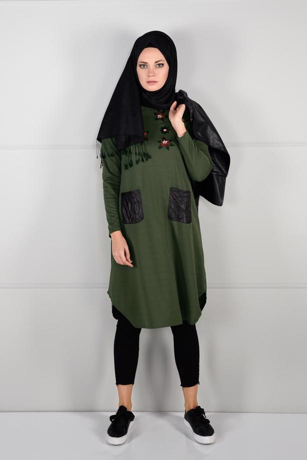 Tesettür giyim  DERİ CEPLİ ÇİÇEK NAKIŞLI TUNİK 4151  - TRENDTESETTÜR