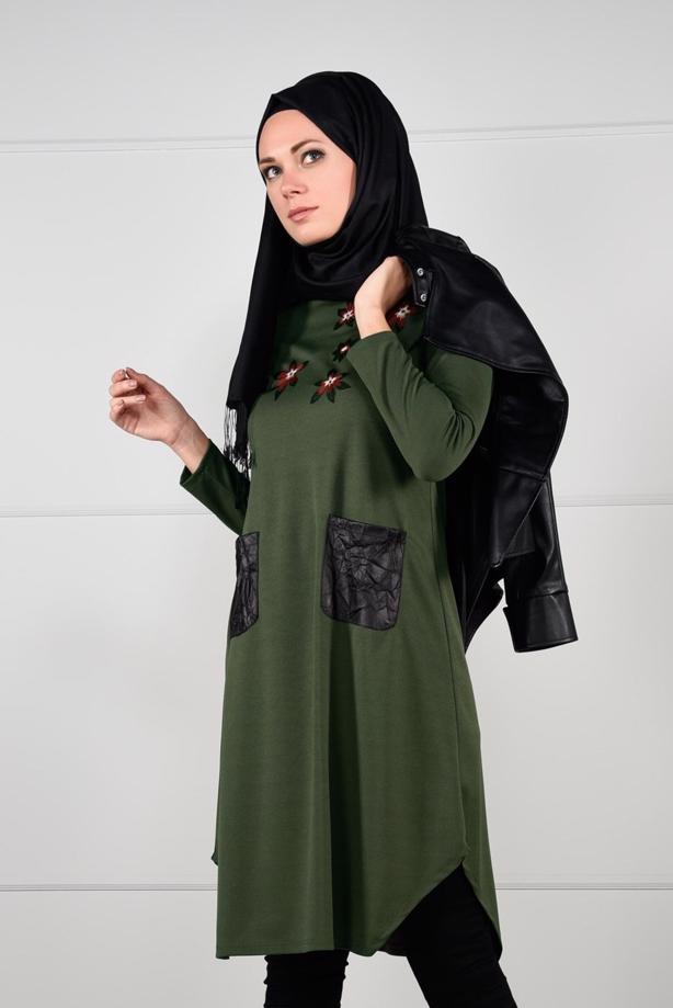 Tesettür giyim  DERİ CEPLİ ÇİÇEK NAKIŞLI TUNİK 4151  - TRENDTESETTÜR