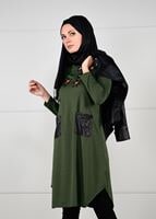 Tesettür giyim HAKİ DERİ CEPLİ ÇİÇEK NAKIŞLI TUNİK 4151 