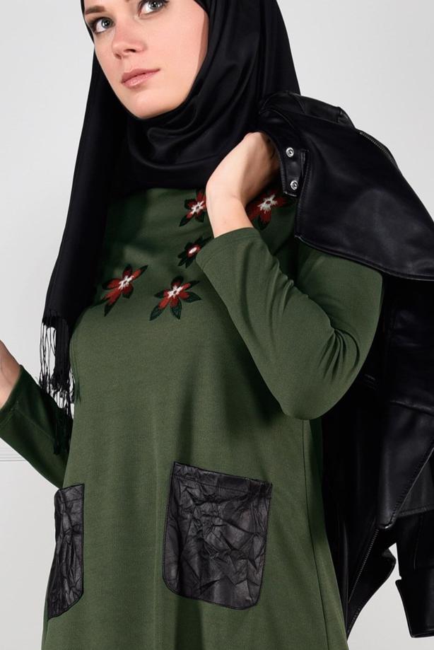 Tesettür giyim  DERİ CEPLİ ÇİÇEK NAKIŞLI TUNİK 4151  - TRENDTESETTÜR