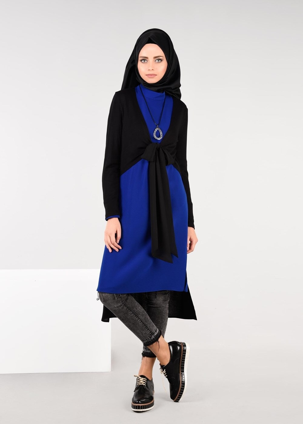 Tesettür giyim LACİVERT ÖNDEN BAĞLAMALI 2Lİ KREP TUNİK 4778