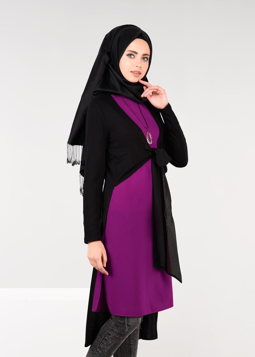 Tesettür giyim MOR ÖNDEN BAĞLAMALI 2Lİ KREP TUNİK 4778