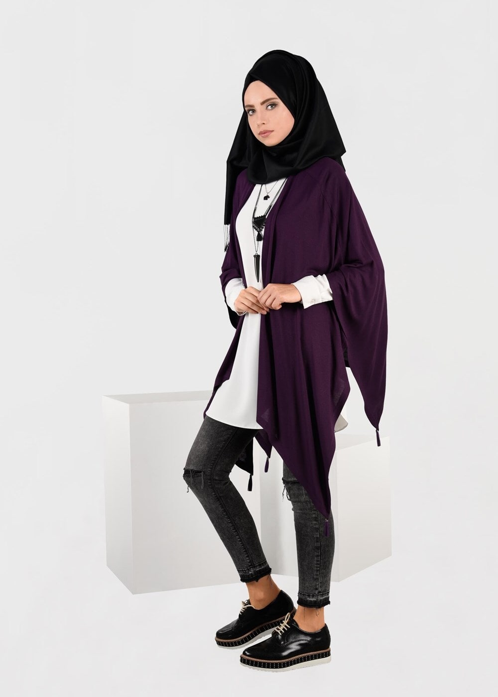 Tesettür giyim MOR ASİMETRİK KESİM YARASA KOL TUNİK 4841 