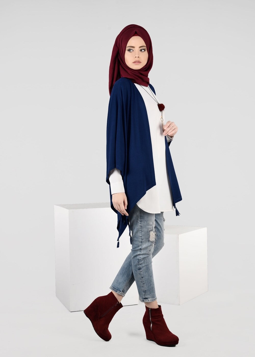 Tesettür giyim LACİVERT ASİMETRİK KESİM YARASA KOL TUNİK 4841 